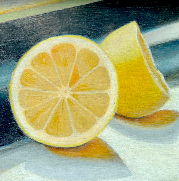 Cut Lemon, mixed media on panel, 4" x 4", private collection.