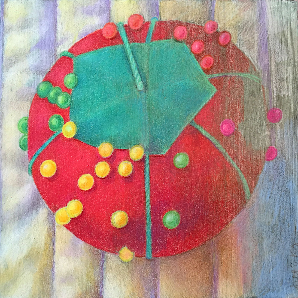 Pincushion, mixed media on panel, 8" x 8", private collection.