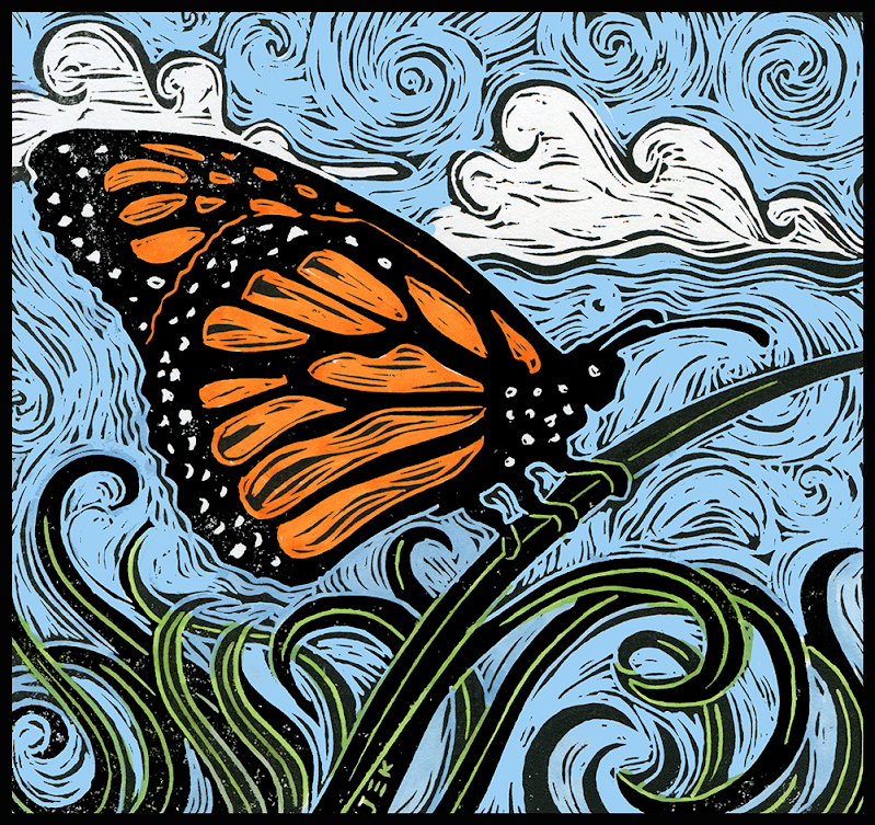 Butterfly Effect, hand-colored relief print on paper, 8" x 10". Original prints are available framed, matted, or unframed. This design is also available on a greeting card.