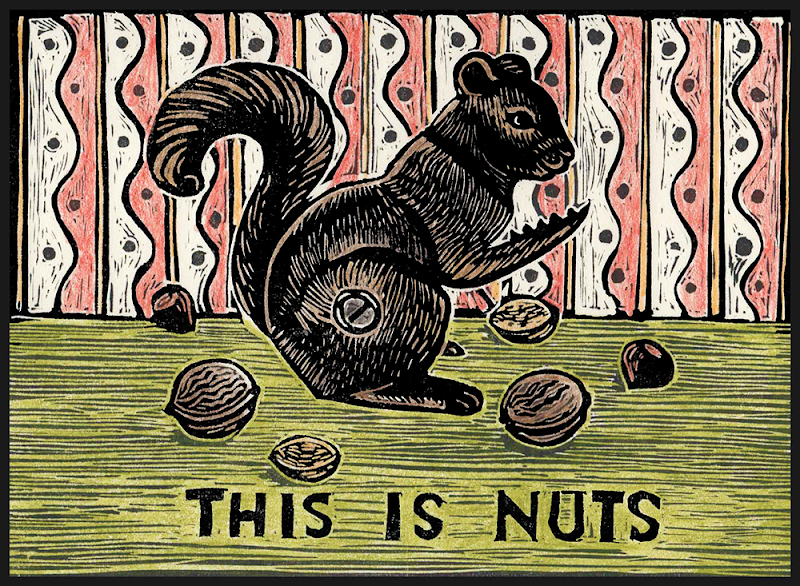 Nuts, hand-colored relief print on paper, 8" x 10". Original prints are available framed, matted, or unframed. This design is also available on a greeting card.