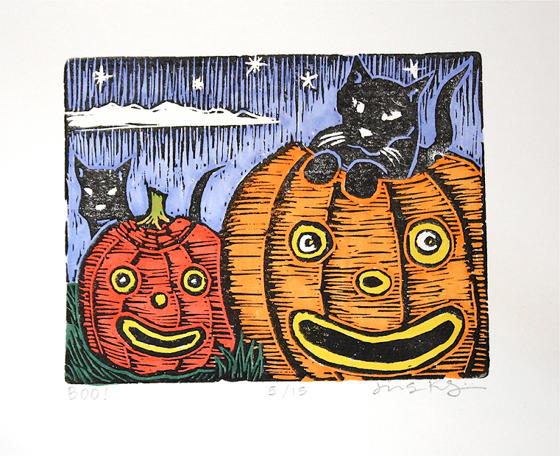 Boo, hand-colored relief print on paper, 8" x 10". Original prints are available framed, matted, or unframed. This design is also available on a greeting card.